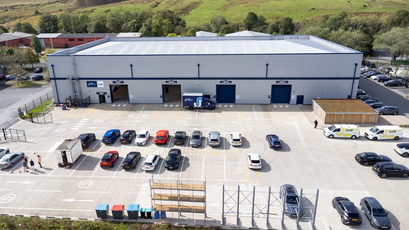 Aerial view of the new Codi Group and JPS distribution hub in Rhymney, South Wales