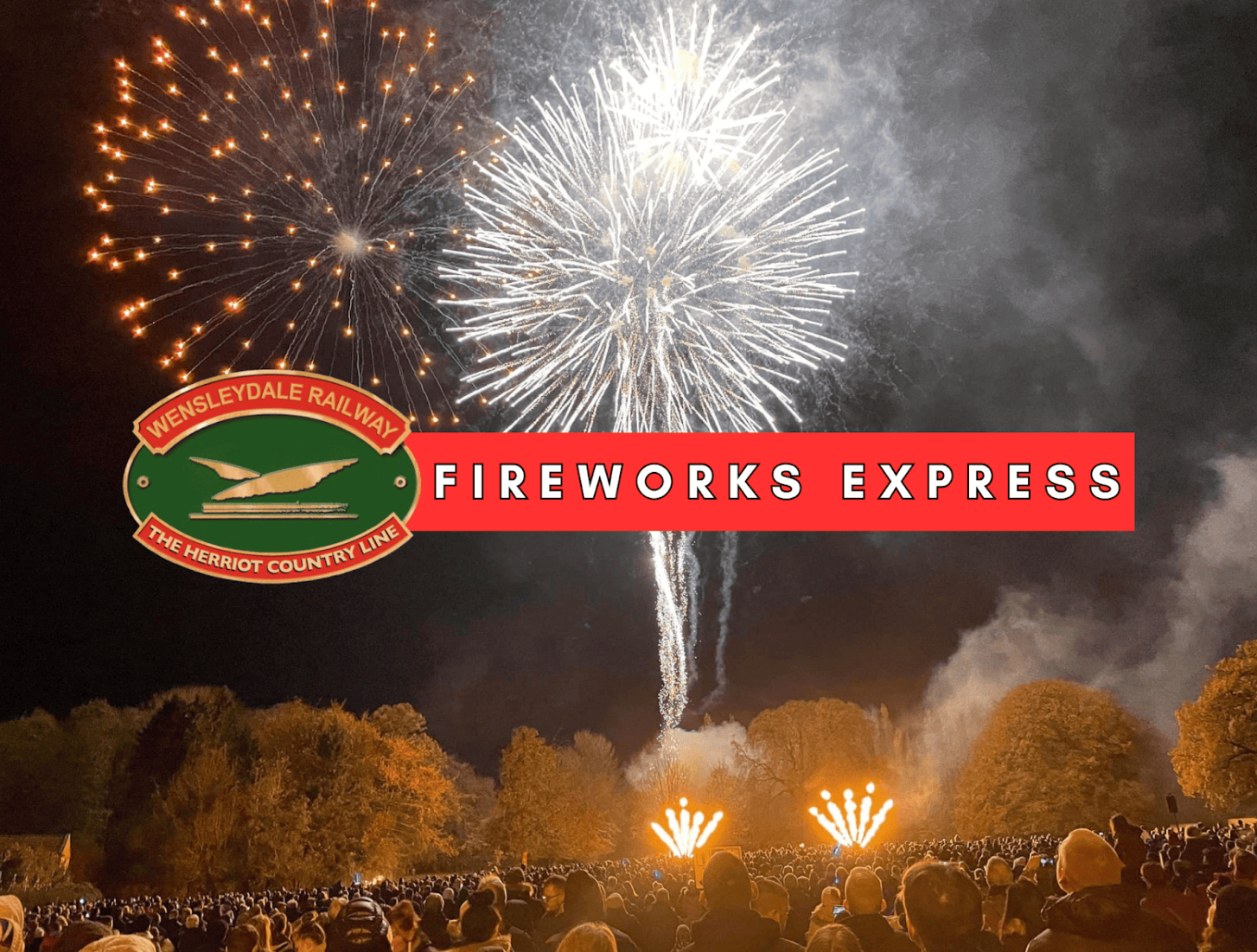 Wensleydale Railway Fireworks Express logo over the Bedale fireworks display